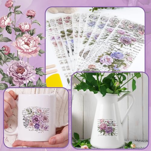 WANDIC 10 Sheets Rub On Transfer Sticker, Lavender Purple Flower Stickers for DIY Scrapbooking Photo Albums Furniture,11.8 * 3.9in - color: Lavender
