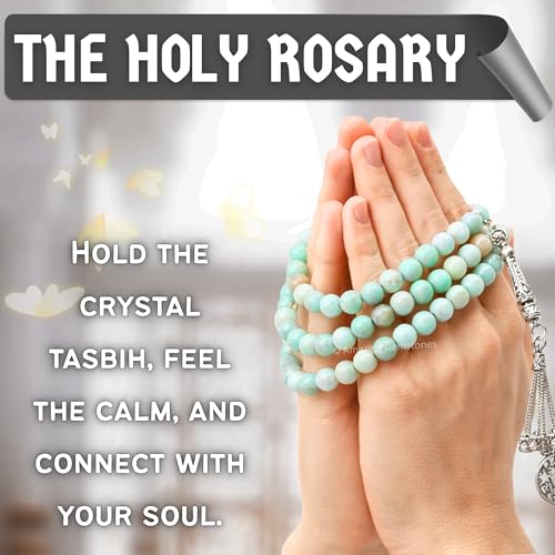 Amazing Gemstone Amazonite Tasbeeh with Moon and Star Charm - Certified Crystal Muslim Prayer Beads Natural Gemstone Tasbih Gift for Ramadan Dhikr and Daily Namaz (S) - color: Amazonite