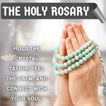 Amazing Gemstone Amazonite Tasbeeh with Moon and Star Charm - Certified Crystal Muslim Prayer Beads Natural Gemstone Tasbih Gift for Ramadan Dhikr and Daily Namaz (S) - color: Amazonite