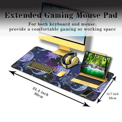 Gaming Mouse Pad Purple Desktop Mat Extra Large Mouse Pads Computer Desk Mat Pc Gaming Mat Waterproof Non-Slip Rubber Base 35.4" X 15.7" for Game Office, Magical Sun and Moon Stars - color: Magical Night