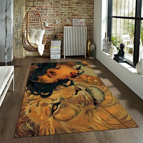 Black Woman Area Rug Lion and Girl Easy Care Carpet Cartoon Ideal for High Traffic Areas for Boys & Girls in Playroom Aesthetics Decor 5' x 6'7" - size: 5' x 6'7"