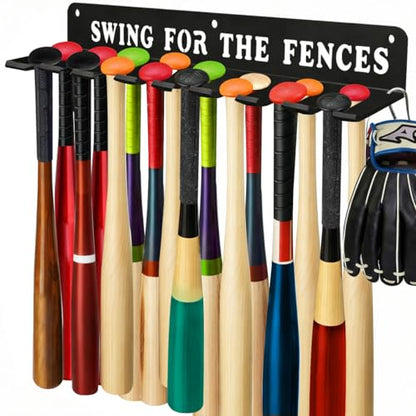 Baseball Softball Bat Holder Storage Rack Organizer Hanger Hook Home Field Hanging Fence Holds 14 Bats Wall Mount Equipment Sports Carabiners Included Metal - style: SWING