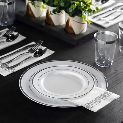 125 Piece Silver Dinnerware Party Set - 50 Silver Rim Plastic Plates, 25 Dinner 25 Dessert Plates, 25 Knives, 25 Forks, 25 Spoons - 25 Guest Disposable Set for Wedding Birthday Parties - color: Silver Rim
