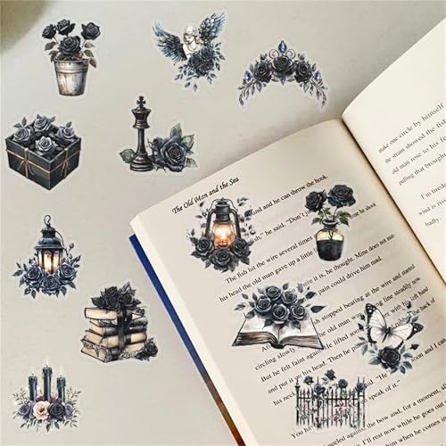 50Pcs Dark Aesthetic Transparent PET Stickers Black Rose Stickers Goth Style Scrapbook Supplies Water Bottle Waterproof Sticker for Bullet Journal Laptop Skateboard Computer Guitar Sticker (DR-PET) - color: Dr-pet
