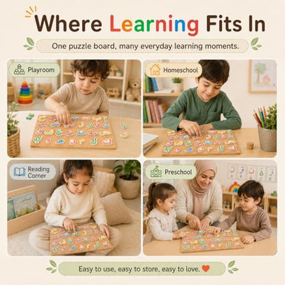 NUOBESTY Arabic Alphabet Puzzle for Kids, Beech Wood Arabic Letter Matching Board Montessori Style Educational Learning Toy Parent Child Playset for Home (11.42 x 8.46 in)