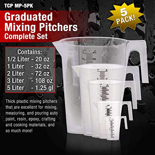 TCP Global 5 Piece Set of Plastic Graduated Measuring and Mixing Pitchers - 500, 1000 Quart, 2000, 3000, 5000 ml Gallon Sizes - Pouring Cups, Measure & Mix Paint, Resin, Epoxy, Kitchen Cooking Baking - size: 500-5000ml Set