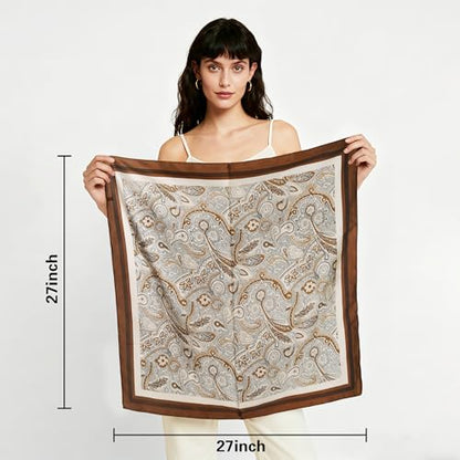 27" Head Scarf Like Satin Silk for Women,Hair Scarves Bandana,Headband Silk Feeling for Hair Wrap - color: White Brown