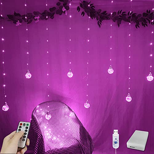 YOLIGHT Wishing Ball Curtain Lights 200 LED Window Curtain String Light with Remote, USB Battery Powered Twinkle Globe Fairy Lights for Wedding Party Bedroom Christmas Decoration (Pink) - color: Pink