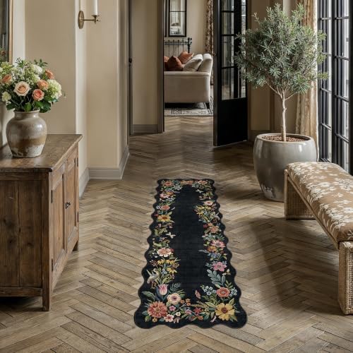 2x6 Floral Black Scalloped Runner Rug - color: Black, size: 2' x 6' (Scalloped)