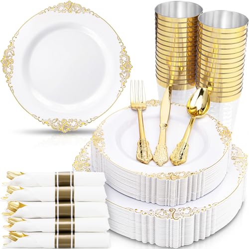 Nervure 350Pcs Gold Plastic Plates, Disposable Dinnerware Set for 50 Guests - color: Gold