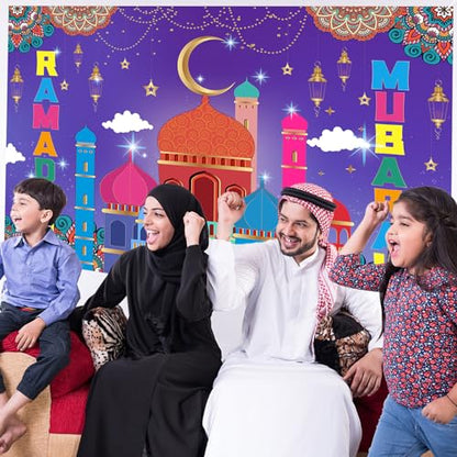 HOWAF Ramadan Mubarak Backdrop Banner, Eid Mubarak Party Decoration Background Banner for Eid Holiday Party Supplies, Purple Ramadan Kareem Supplies Hanging Banner Poster for Photo