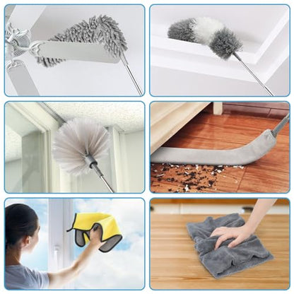 Microfiber Duster Kit 25pcs with 30 to 100 Inches Extension Pole and Baseboard Cleaner Tool, Washable and Bendable Feather Duster for Cleaning Ceiling Fans, High Ceilings, Cobwebs, Blinds,Grey - size: 25pcs