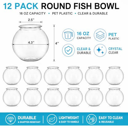 Okllen 12 Pack Plastic Ivy Bowls, 16 Oz Round Fish Bowl Unbreakable Vases Bowls for Home Decor, Carnival Games, Candy, Party Favors, Centerpiece, BPA Free, Clear