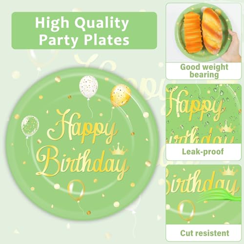 Qyeahkj 100 Pcs Sage Green Birthday Party Supplies Olive Green Gold Paper Plates Napkins Forks Tableware Set Disposable Greenery Happy Birthday Party Decorations for Women Men Girls Favors Serve 25 - style: Sage green birthday