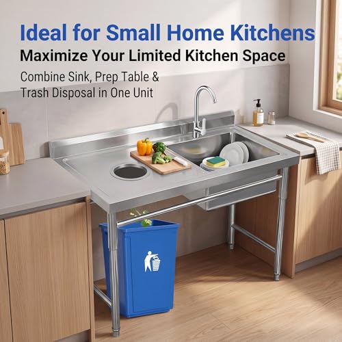 Commercial Stainless Steel Sink, Fish Cleaning Table with Trash Chute, Utility Portable Single Bowl Kitchen Hand Washing Station, Outdoor Free Standing Prep Table with Sink, Camping Basin Laundry Tub( - size: 100*50*80cm/39.3*19.6*31.4in