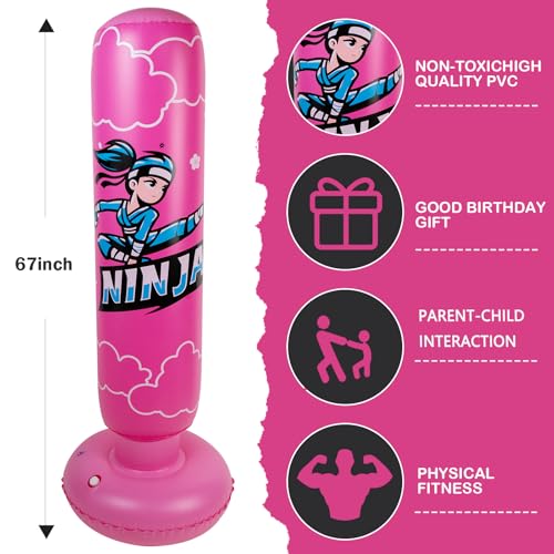 Onirii 66 Inch Kids Inflatable Punching Bag | Large Stable Kids Inflatable Boxing Bag Toy Set with Gloves for Boys & Girls Age 3-12 for Taekwondo,MMA and Practicing Karate - color: Ninja Pink