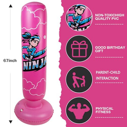 Onirii 66 Inch Kids Inflatable Punching Bag | Large Stable Kids Inflatable Boxing Bag Toy Set with Gloves for Boys & Girls Age 3-12 for Taekwondo,MMA and Practicing Karate - color: Ninja Pink