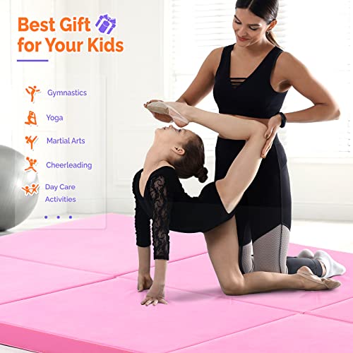 Matladin 8' Folding Gymnastics Gym Exercise Aerobics Mat, 8ft x 2ft x 2in PU Leather Tumbling Mats with Hook & Loop Fastener for Stretching Yoga Cheerleading Martial Arts - color: Pink