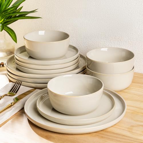 AmorArc Stoneware Dinnerware Sets for 8, 24 Piece Plates and Bowls Sets - color: Pearled Ivory, size: Service for 8