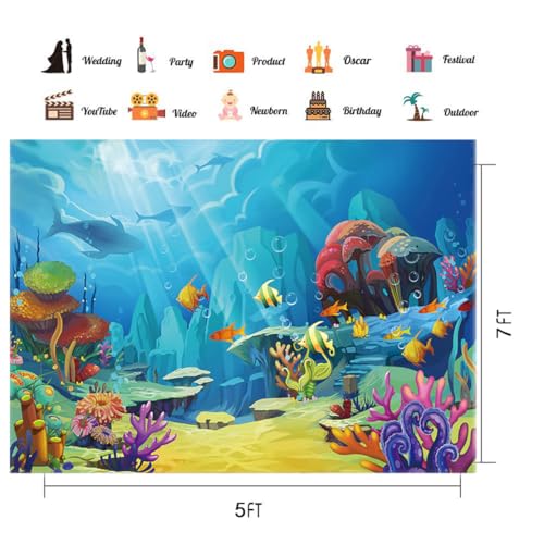 CHAIYA Under The Sea Backdrop Ocean Little Mermaid Backdrop Background for Under The Sea Theme Baby Shower Photo Booth Banner Party Cake Table Decoration 5x3ft - size: 5′x3′