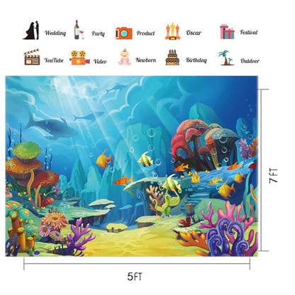 CHAIYA Under The Sea Backdrop Ocean Little Mermaid Backdrop Background for Under The Sea Theme Baby Shower Photo Booth Banner Party Cake Table Decoration 5x3ft - size: 5′x3′