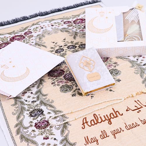 IEF Personalized Prayer Rug Prayer Beads Quran Islamic Gift Set, Ramadan Eid Hajj Umrah Wedding Birthday Mother's Day Father's Day Valentine's Day Gifts (Beige) - color: Beige