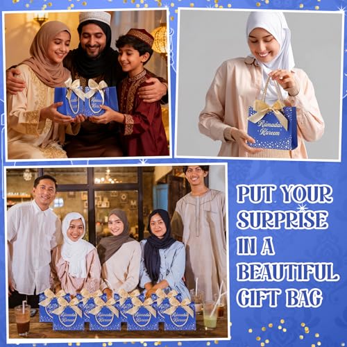 Glenmal 60 Pcs 5.51x2.36x4.72'' Ramadan Gift Bags Ramadan Mubarak Blue Paper Party Bags Eid Mubarak Treat Goodie Bag with Handle and Ribbon for Ramadans Kareem Eid Mubarak's Party Supplies - color: Blue, size: 1 count (Pack of 60)