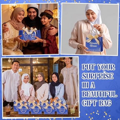 Glenmal 60 Pcs 5.51x2.36x4.72'' Ramadan Gift Bags Ramadan Mubarak Blue Paper Party Bags Eid Mubarak Treat Goodie Bag with Handle and Ribbon for Ramadans Kareem Eid Mubarak's Party Supplies - color: Blue, size: 1 count (Pack of 60)