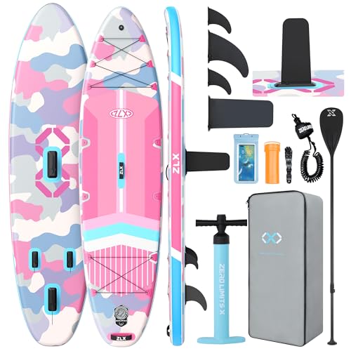 ZLX 11'6"x35" Ultra Wide Inflatable Stand Up Paddle Board | Stable Non-Slip Deck Pad, Unique Fin System, Premium SUP Accessories & Backpack - Upgraded Pump for Adults, All Skill Levels - color: Pink Camouflage
