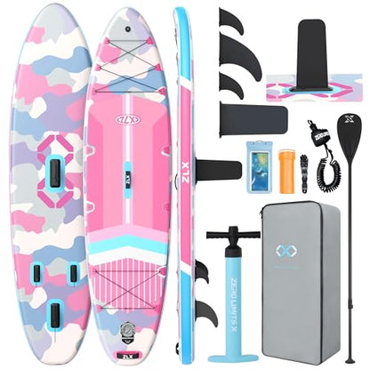 ZLX 11'6"x35" Ultra Wide Inflatable Stand Up Paddle Board | Stable Non-Slip Deck Pad, Unique Fin System, Premium SUP Accessories & Backpack - Upgraded Pump for Adults, All Skill Levels - color: Pink Camouflage