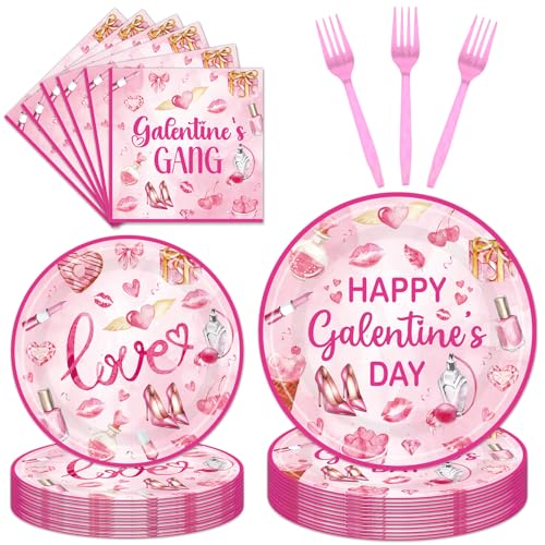 EUOYUFO 96Pcs Pink Galentine Party Decorations Tableware Set Happy Galentine's Day Paper Plates Napkins Forks Galentines Valentines Day Theme Party Supplies Serve 24 Guests - color: Galentine Day