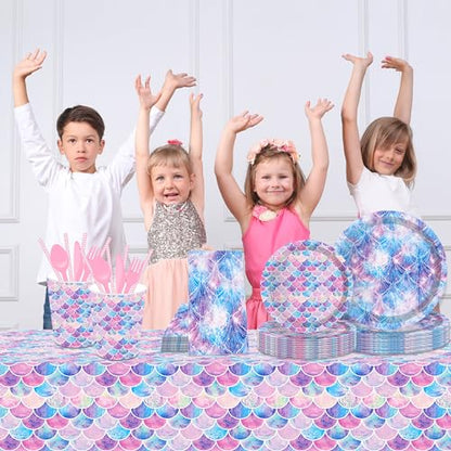 1Pc Fancy Mermaid Party Plastic Tablecloth 54 x 87 Inch Long Table Cover, Mermaid Scales Tail Party Tablecover for Fairy Tale Shell Kids Baby Shower Birthday Dinner Picnic Kitchen Event - color: Fancy Mermaid