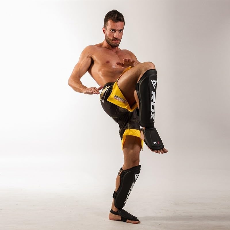 RDX Shin Guards Kickboxing Muay Thai, SATRA SMMAF Approved, Premium Maya Hide Leather, Leg Instep Protection Pads, MMA Martial Arts Kicking Sparring Training Gear, BJJ Karate Boxing Taekwondo, Black - color: Black, size: Large