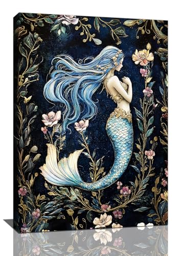 Mermaid Wall Art, Floral Pictures Wall Decor, Retro Mermaid Canvas Prints Painting, Framed Artwork for Bathroom Bedroom Living Room Girl's Room Office Home Decoration 16x24 - color: Mermaid, size: 24"L x 16"W