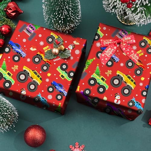Cuitpan Red Monster Truck Christmas Wrapping Paper - Xmas Gift Wrap with Holiday Trees, Snowmen & Gingerbread Men Design - Ideal for Kids & Adults Gift Wrapping - 40×28 Inches, 4 Folded Sheets - color: Red-Monster Truck Christmas