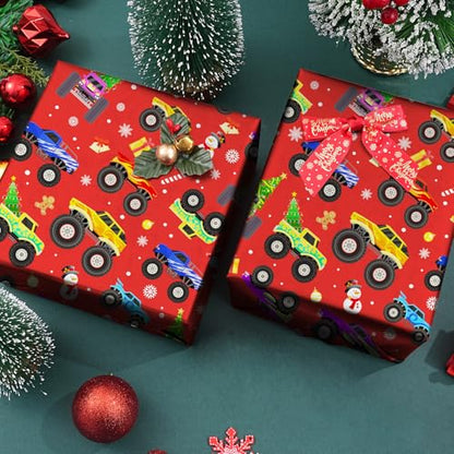 Cuitpan Red Monster Truck Christmas Wrapping Paper - Xmas Gift Wrap with Holiday Trees, Snowmen & Gingerbread Men Design - Ideal for Kids & Adults Gift Wrapping - 40×28 Inches, 4 Folded Sheets - color: Red-Monster Truck Christmas