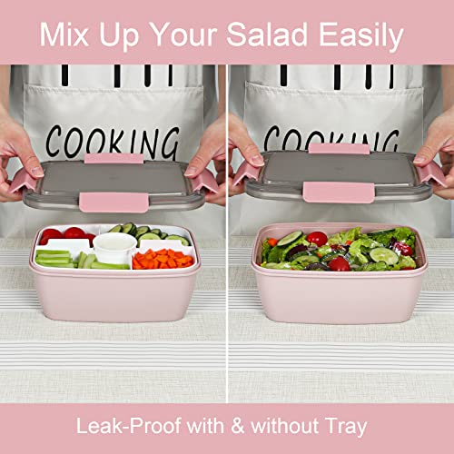 Caperci Large Salad Lunch Container - Adult Bento Lunch Box with 68 oz Salad Bowl, 5-Compartment Tray, 2pcs 3-oz Sauce Cups, Stackable, BPA-Free (Pink) - color: Pink