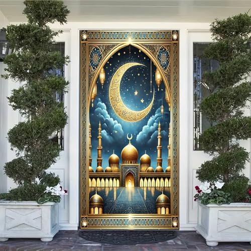 Ramadan Moon Door Cover Banner 71x35 Inch Golden Crescent Mosque Night Sky Islamic Decoration Indoor Outdoor Front Door Wall Home Decor - color: Style 1