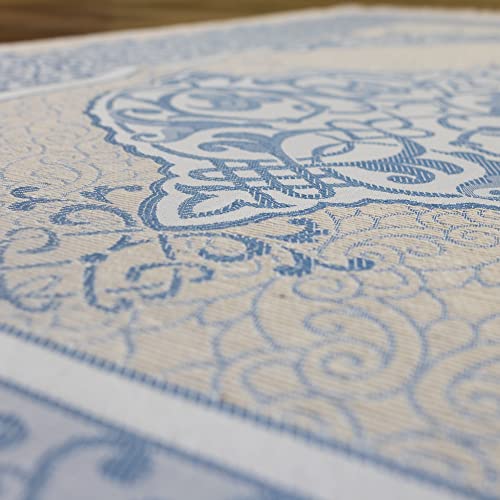 Modefa Muslim Woven Chenille Prayer Rug, Ottoman White/Blue + White/Pink | Thin Chenille and Taffeta Turkish Intricate Metallic Ottoman Salah Mat - color: White/Blue + White/Pink