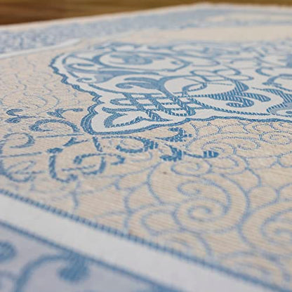 Modefa Muslim Woven Chenille Prayer Rug, Ottoman White/Blue + White/Pink | Thin Chenille and Taffeta Turkish Intricate Metallic Ottoman Salah Mat - color: White/Blue + White/Pink