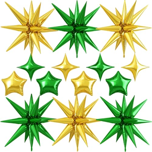 14PCS Green Gold Star Balloons, 22Inch Explosion Stars & 10Inch Foil Ballon - color: Green Gold