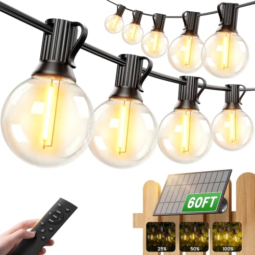 OHLUX 60FT Solar Globe String Lights Outdoor, Shatterproof Solar Patio Lights with Remote, 27 Dimmable LED Filament G40 Bulbs, 2200K Soft Warm White Edison Hanging Light for Outside Backyard Deck - size: 60FT