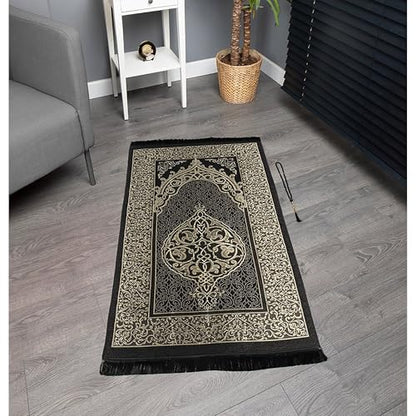 Modefa Luxury Islamic Thin Travel Prayer Mat in Satin Gift Bag - Deluxe 4 Piece Travel Set with Dua Book & Prayer Beads Tesbih - Thin Chenille Turkish Praying Carpet - Eid Gift Set (Black) - color: Black
