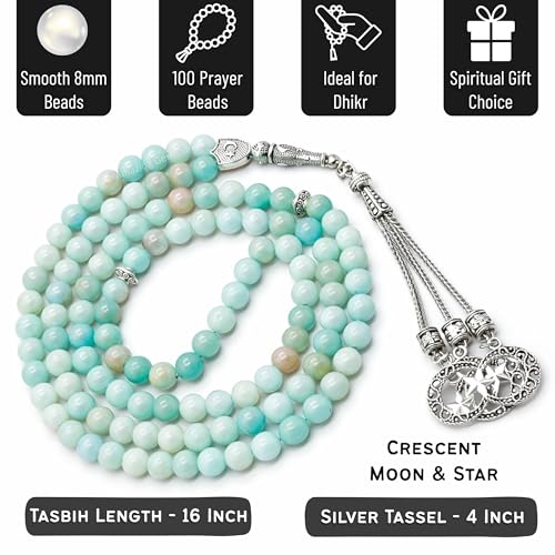 Amazing Gemstone Amazonite Tasbeeh with Moon and Star Charm - Certified Crystal Muslim Prayer Beads Natural Gemstone Tasbih Gift for Ramadan Dhikr and Daily Namaz (S) - color: Amazonite