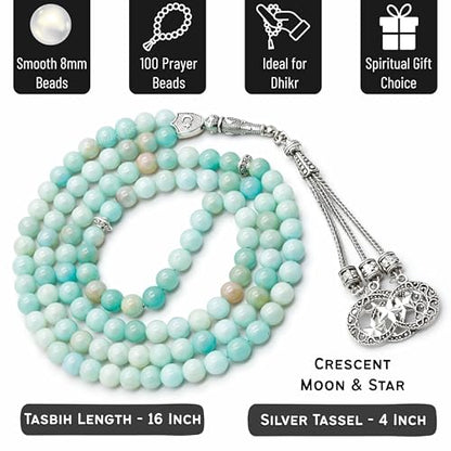 Amazing Gemstone Amazonite Tasbeeh with Moon and Star Charm - Certified Crystal Muslim Prayer Beads Natural Gemstone Tasbih Gift for Ramadan Dhikr and Daily Namaz (S) - color: Amazonite
