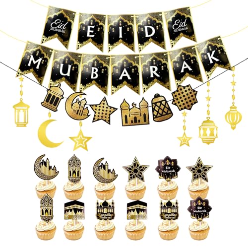 Eid Mubarak Decorations Kit - Golden Ramadan Banners, Star Garland, Cupcake Toppers - Islamic Party Supplies for Home & Weddings - color: Golden