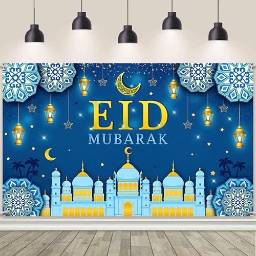 AIBIIN Eid Mubarak Backdrop Banner Blue Gold Themed Party Decorations for Eid Mubarak Ramadan Party Supplies Banner Photo Booth Prop 70.8 x 43.3 Inch - color: Blue Gold, size: 6x3.6ft