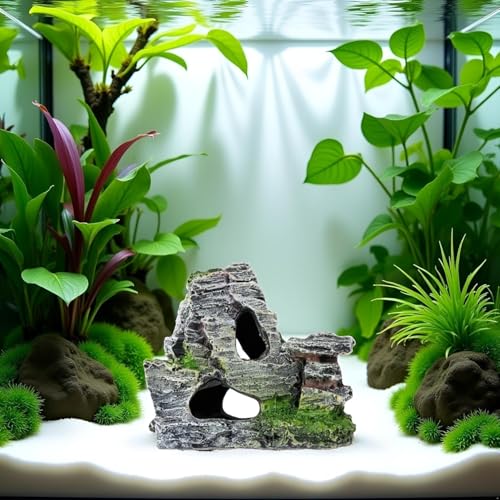 Resin Aquarium Mountain Decor with Moss Rock Cave - Multi-Level Terrain for Fish Tank Landscaping, Natural-Looking Rockery Design with Hidden Cave and Crevices for Shrimp,Reptile Habitat Aquascaping