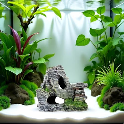 Resin Aquarium Mountain Decor with Moss Rock Cave - Multi-Level Terrain for Fish Tank Landscaping, Natural-Looking Rockery Design with Hidden Cave and Crevices for Shrimp,Reptile Habitat Aquascaping