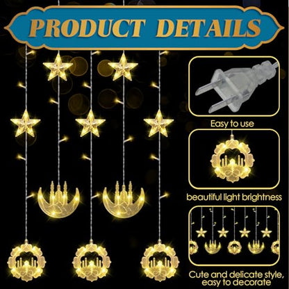 Riakrum 2 Pack Eid Mubarak Fairy Curtain Lights 9.84 ft Star Moon Castle Lights LED Window Star Lights for Ramadan Home Decoration Gifts Wedding Christmas Eid Party Indoor Holiday